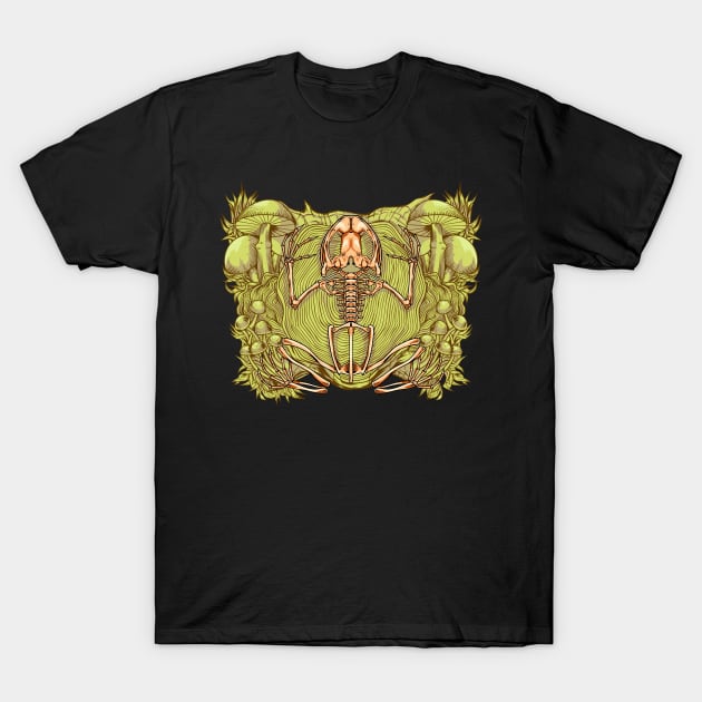 Frog skeleton between mushrooms T-Shirt by Modern Medieval Design